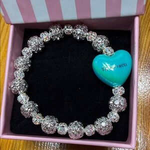 Tiffany & Co. Turquoise Blue Heart Charm Silver Crystal Bracelet